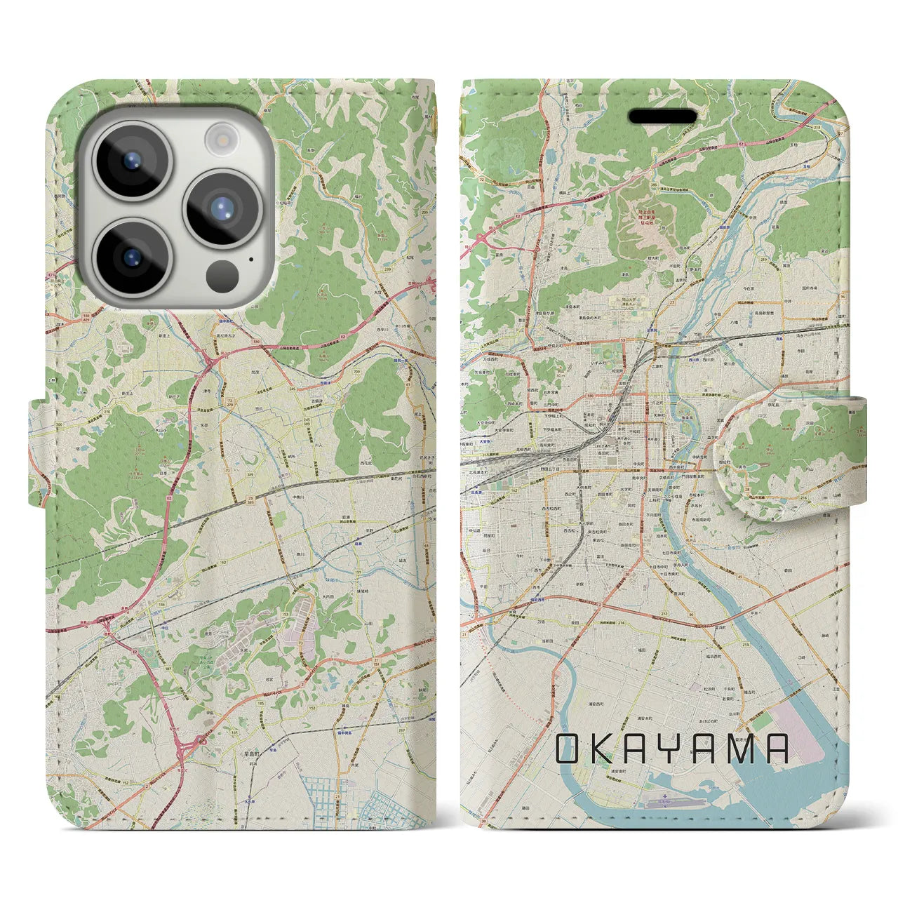 【岡山】地図柄iPhoneケース（手帳両面タイプ・ナチュラル）iPhone 15 Pro 用