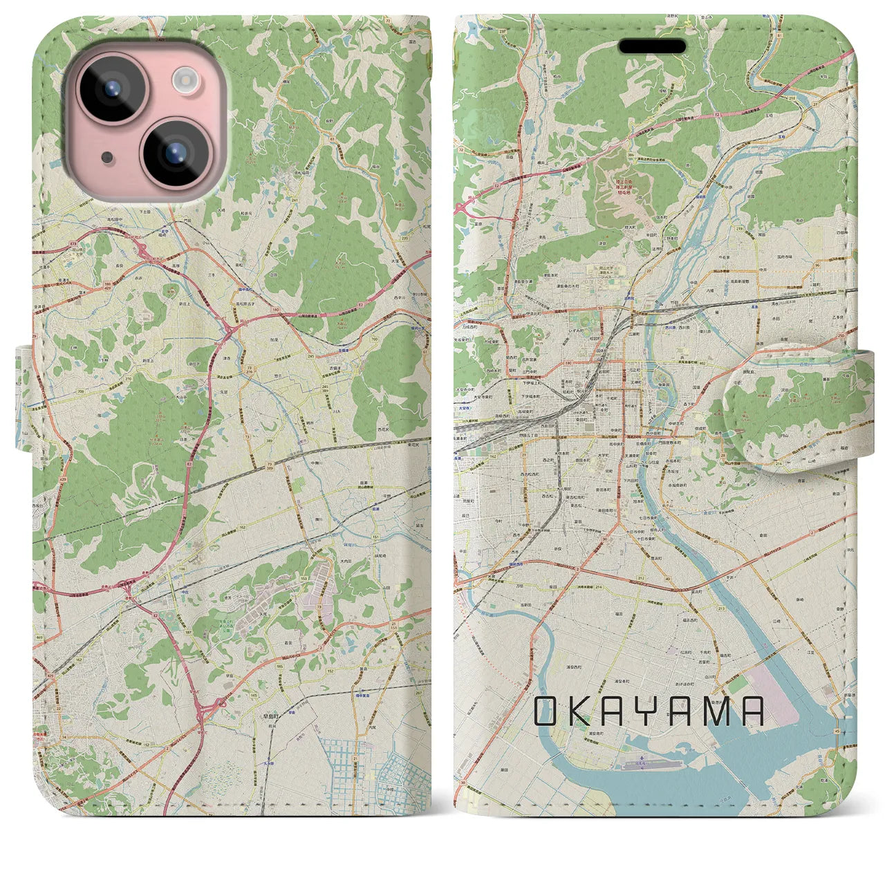 【岡山】地図柄iPhoneケース（手帳両面タイプ・ナチュラル）iPhone 15 Plus 用
