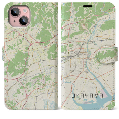 【岡山（岡山県）】地図柄iPhoneケース（手帳タイプ）ナチュラル・iPhone 15 Plus 用