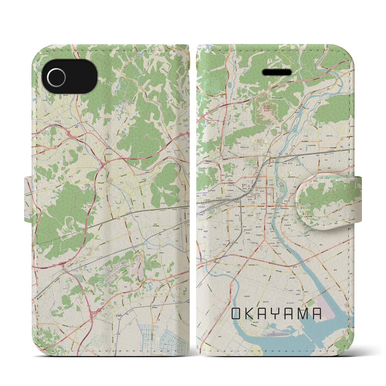 【岡山】地図柄iPhoneケース（手帳両面タイプ・ナチュラル）iPhone SE（第3 / 第2世代） / 8 / 7 / 6s / 6 用