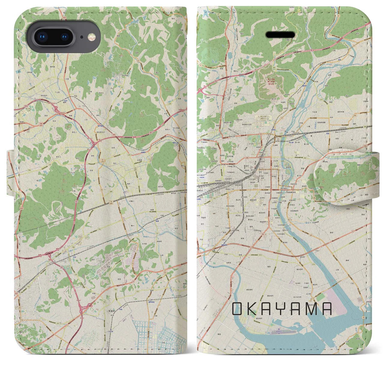 【岡山】地図柄iPhoneケース（手帳両面タイプ・ナチュラル）iPhone 8Plus /7Plus / 6sPlus / 6Plus 用