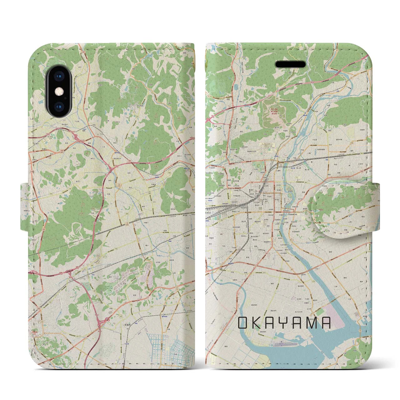【岡山】地図柄iPhoneケース（手帳両面タイプ・ナチュラル）iPhone XS / X 用