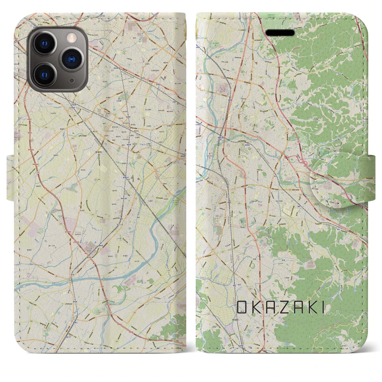 【岡崎】地図柄iPhoneケース（手帳両面タイプ・ナチュラル）iPhone 11 Pro Max 用
