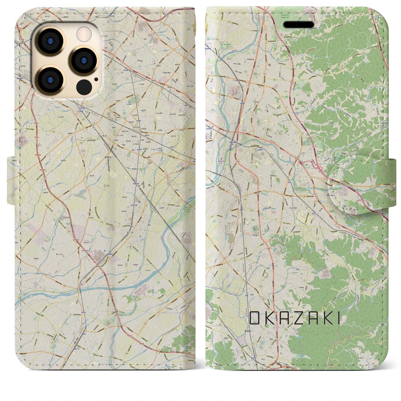 【岡崎】地図柄iPhoneケース（手帳両面タイプ・ナチュラル）iPhone 12 Pro Max 用