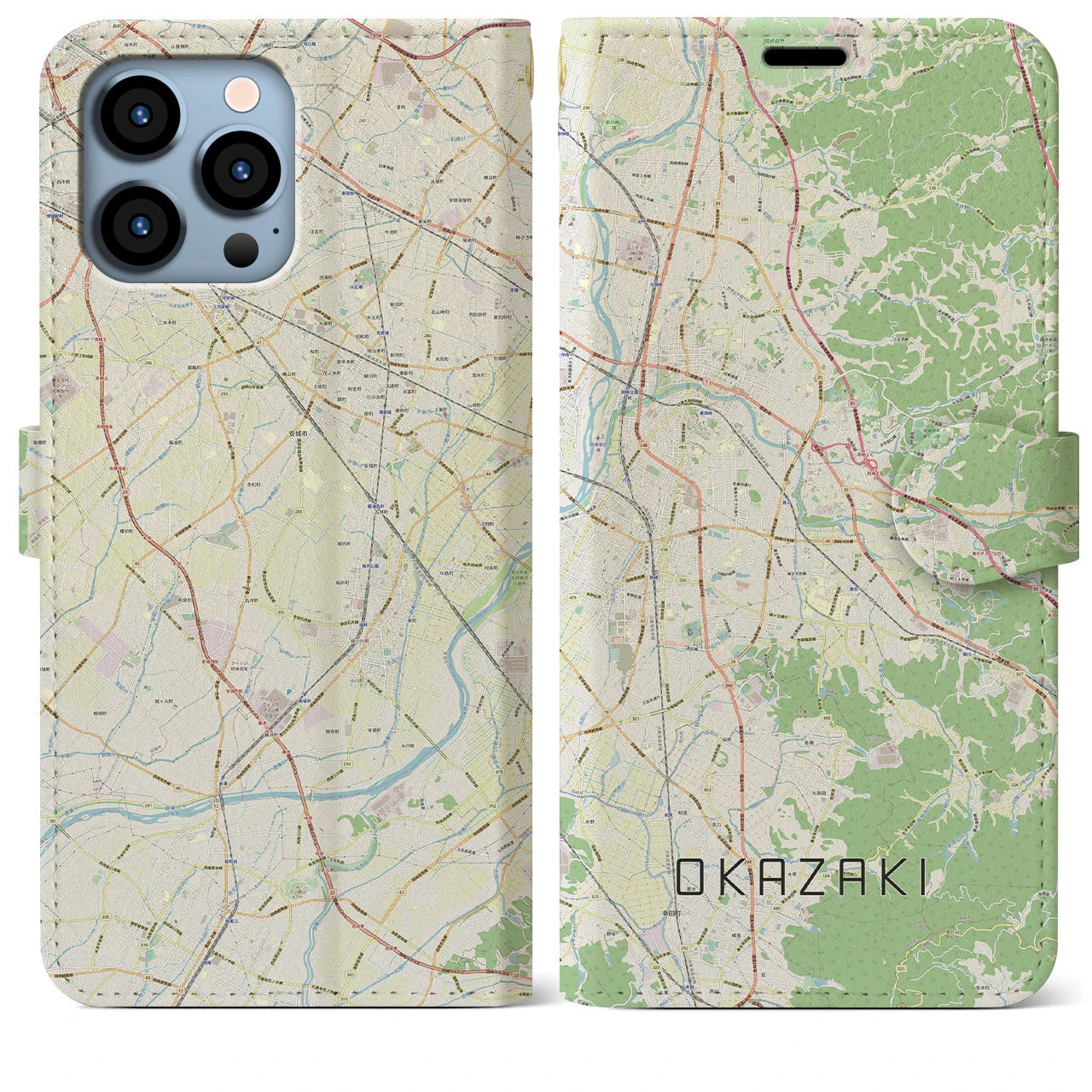 【岡崎】地図柄iPhoneケース（手帳両面タイプ・ナチュラル）iPhone 13 Pro Max 用