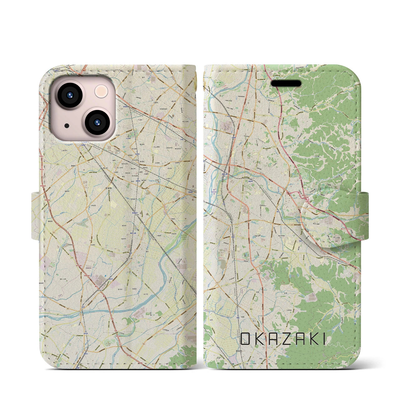 【岡崎】地図柄iPhoneケース（手帳両面タイプ・ナチュラル）iPhone 13 mini 用