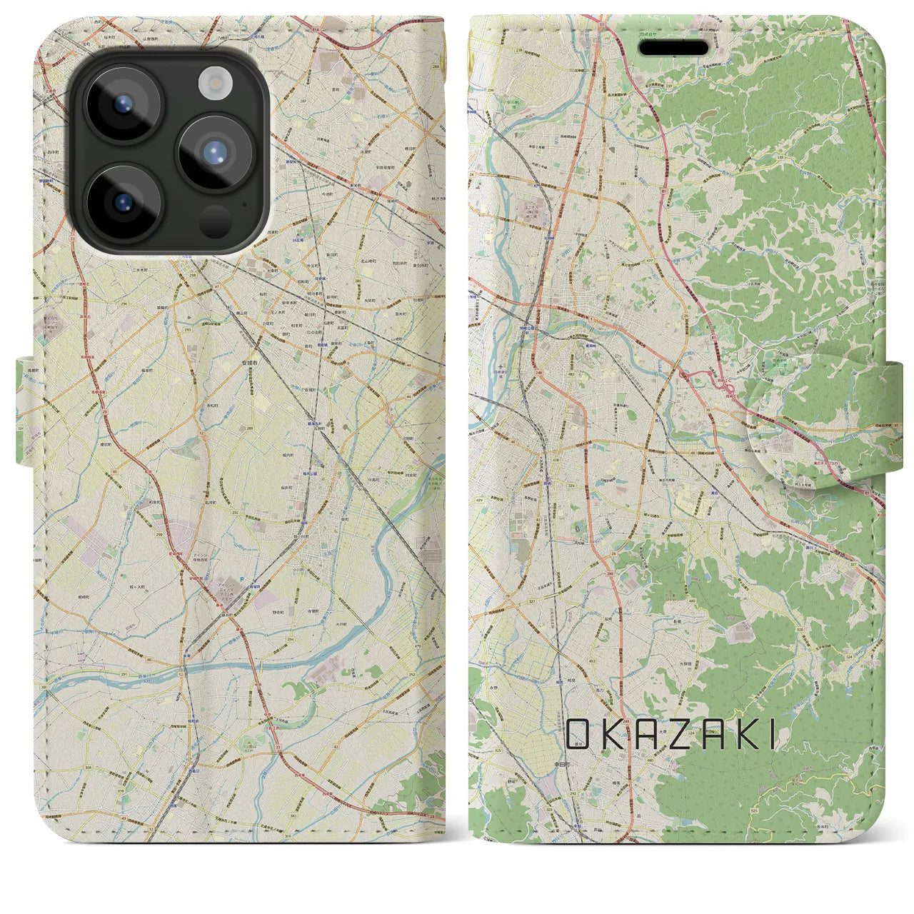 【岡崎】地図柄iPhoneケース（手帳両面タイプ・ナチュラル）iPhone 15 Pro Max 用