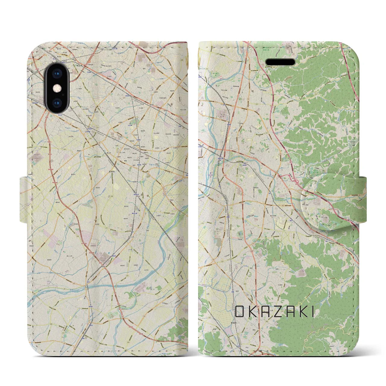 【岡崎】地図柄iPhoneケース（手帳両面タイプ・ナチュラル）iPhone XS / X 用