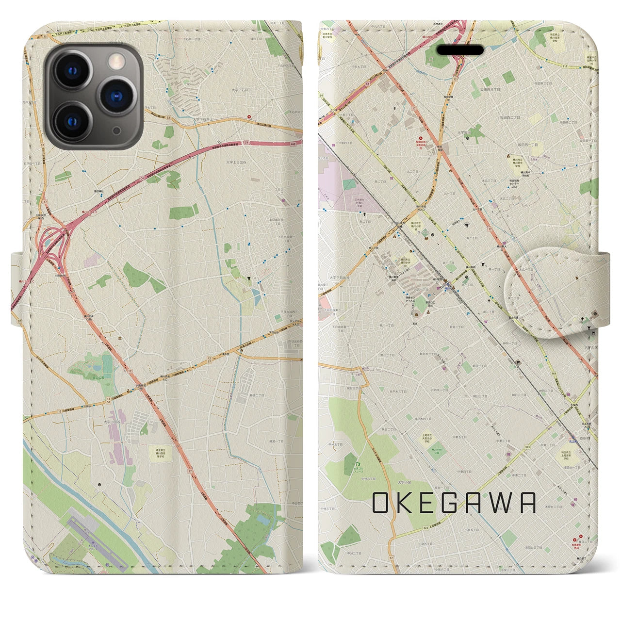 【桶川】地図柄iPhoneケース（手帳両面タイプ・ナチュラル）iPhone 11 Pro Max 用