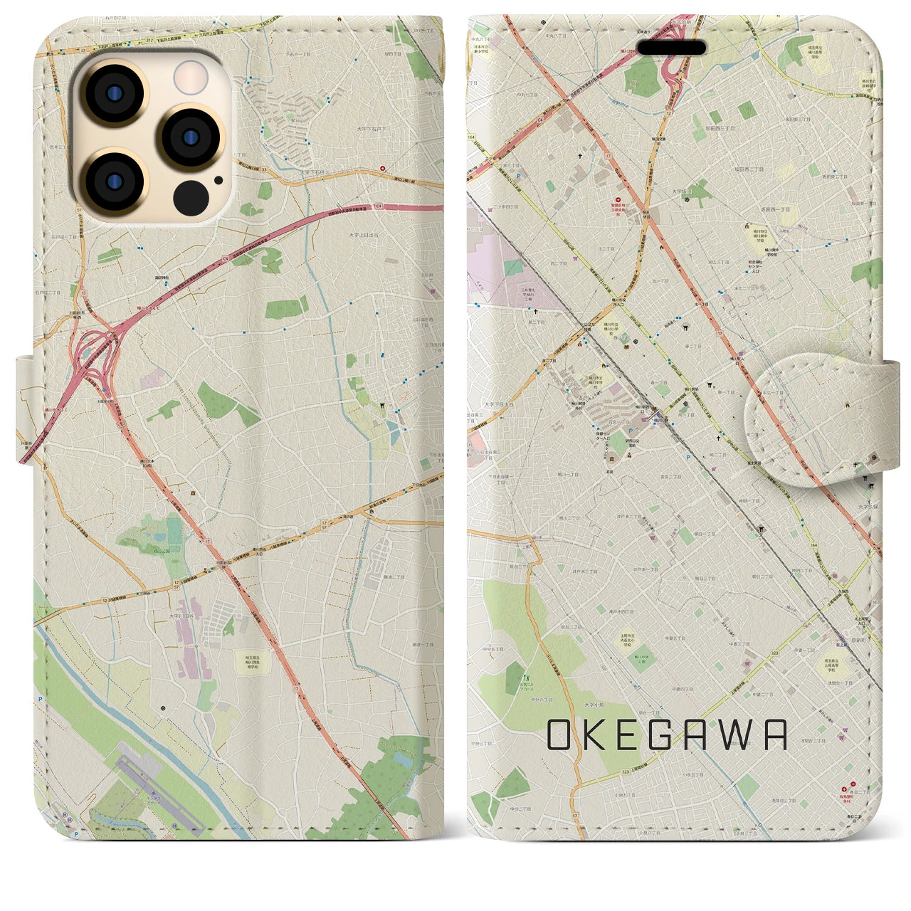 【桶川】地図柄iPhoneケース（手帳両面タイプ・ナチュラル）iPhone 12 Pro Max 用