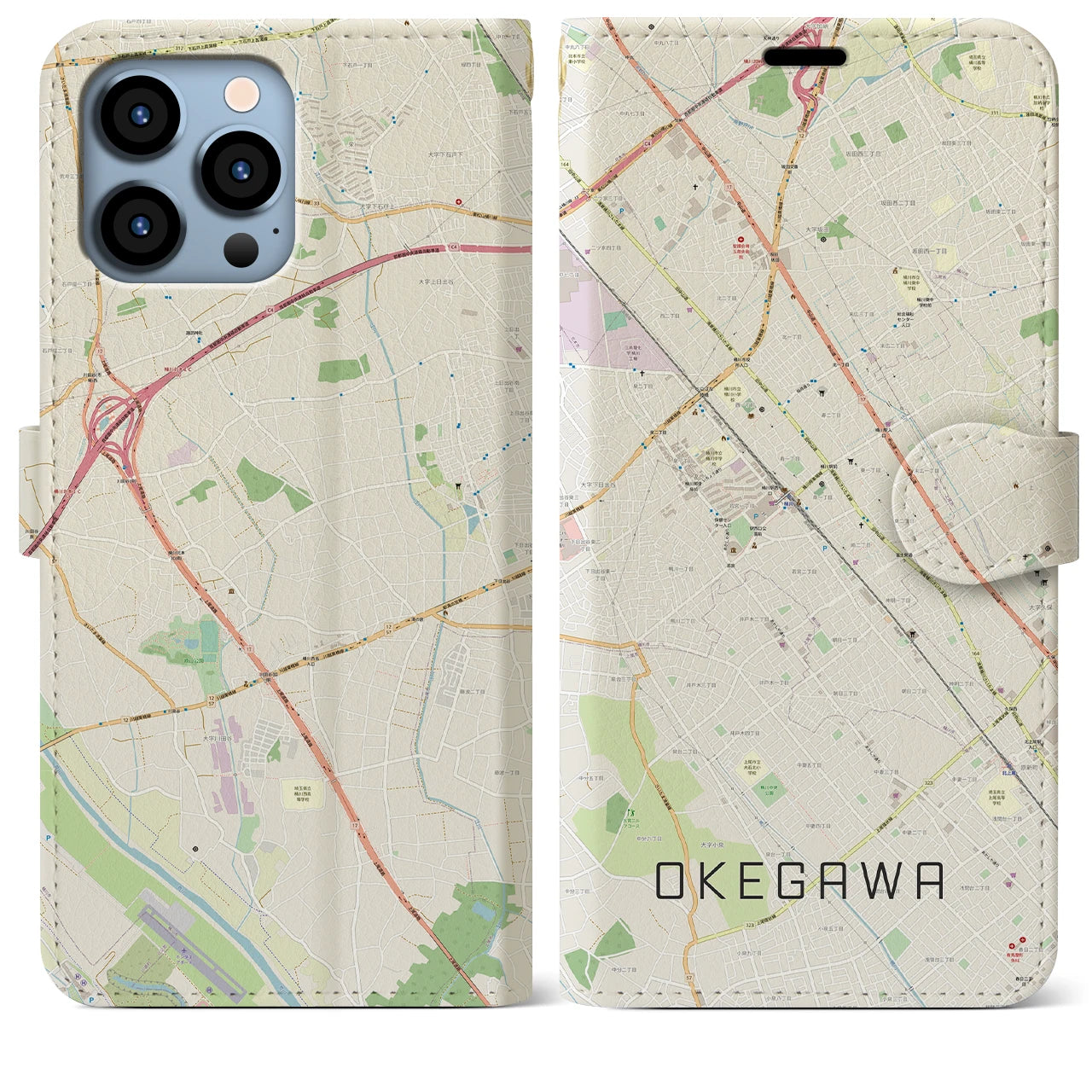 【桶川】地図柄iPhoneケース（手帳両面タイプ・ナチュラル）iPhone 13 Pro Max 用