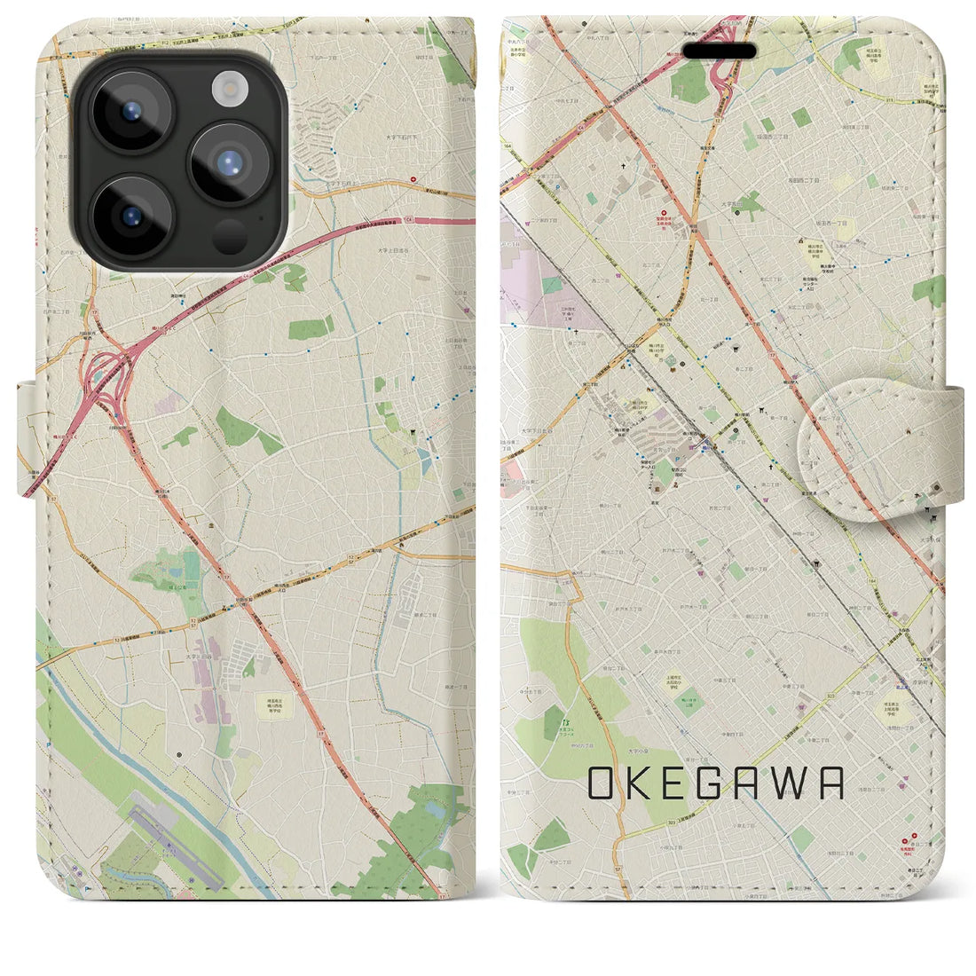 【桶川】地図柄iPhoneケース（手帳両面タイプ・ナチュラル）iPhone 15 Pro Max 用