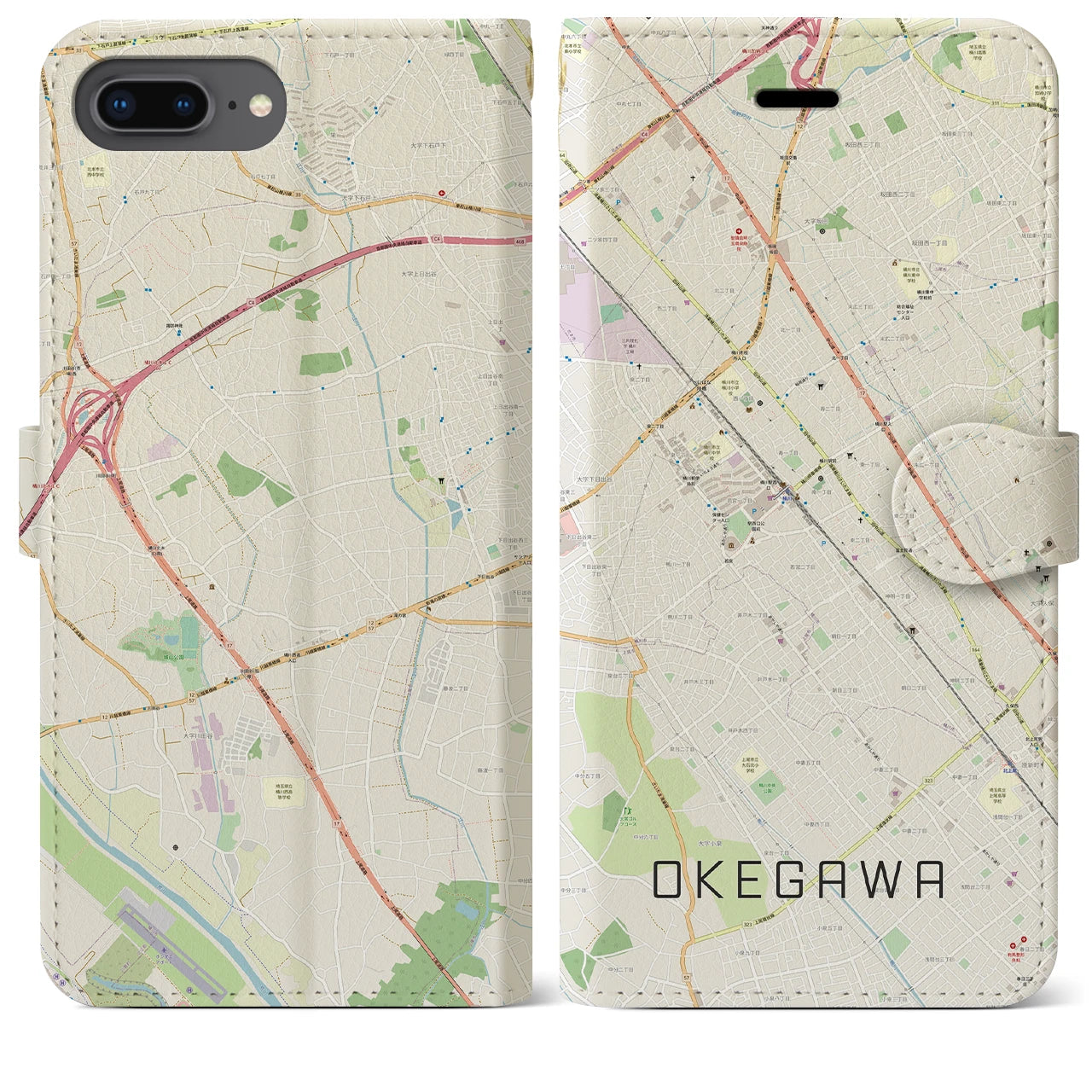 【桶川】地図柄iPhoneケース（手帳両面タイプ・ナチュラル）iPhone 8Plus /7Plus / 6sPlus / 6Plus 用