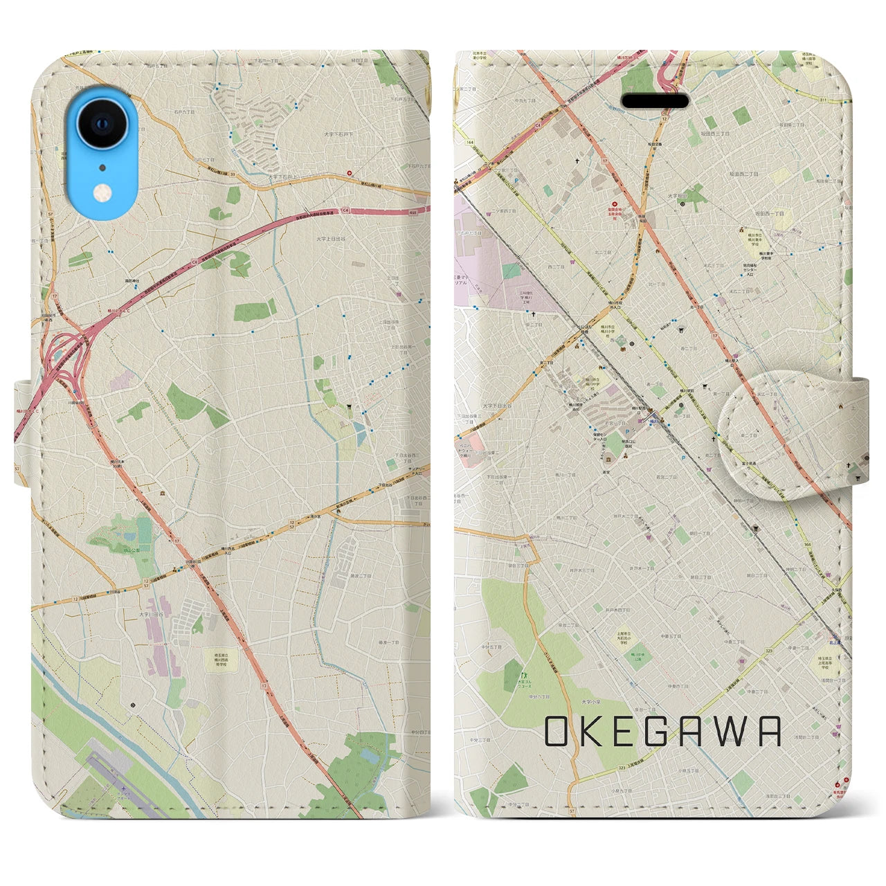 【桶川】地図柄iPhoneケース（手帳両面タイプ・ナチュラル）iPhone XR 用