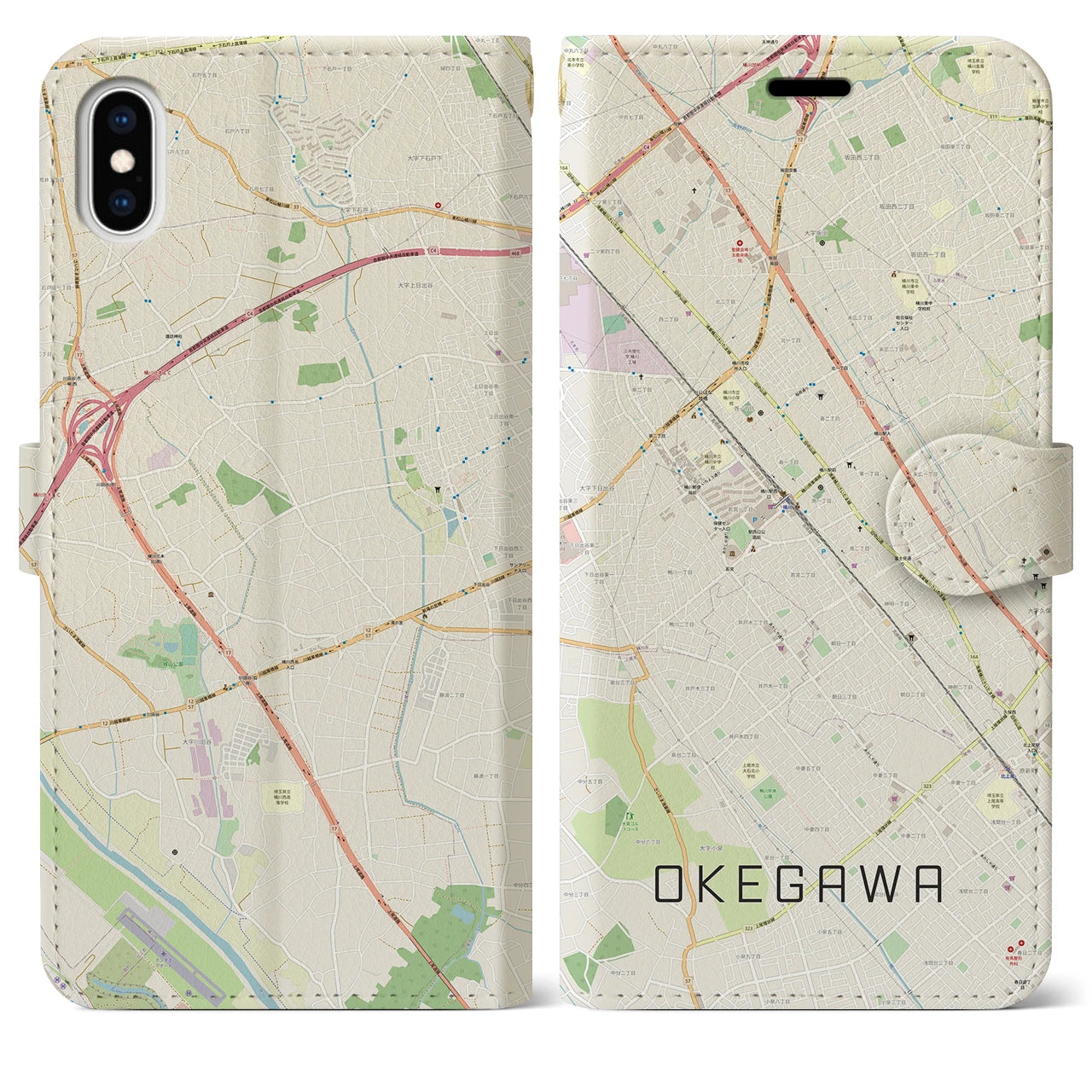 【桶川】地図柄iPhoneケース（手帳両面タイプ・ナチュラル）iPhone XS Max 用