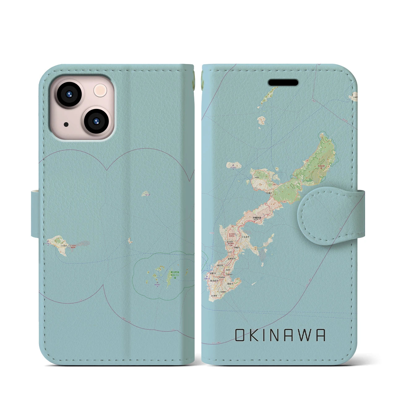 【沖縄2】地図柄iPhoneケース（手帳両面タイプ・ナチュラル）iPhone 13 mini 用