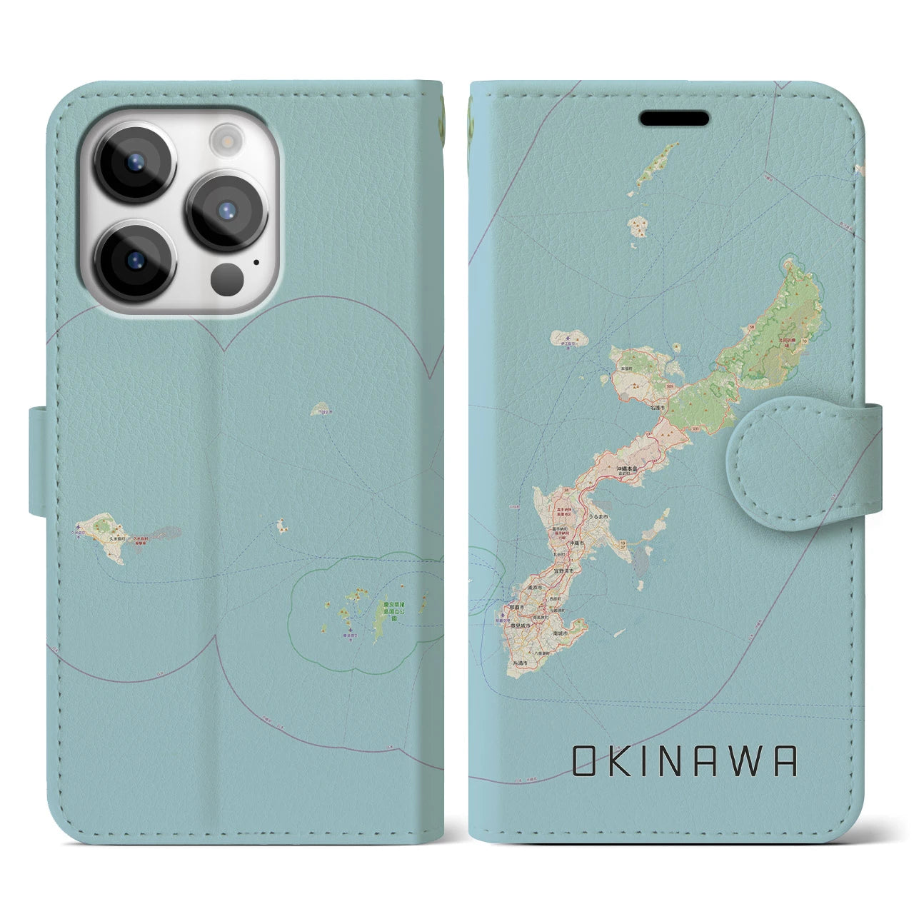 【沖縄2】地図柄iPhoneケース（手帳両面タイプ・ナチュラル）iPhone 14 Pro 用