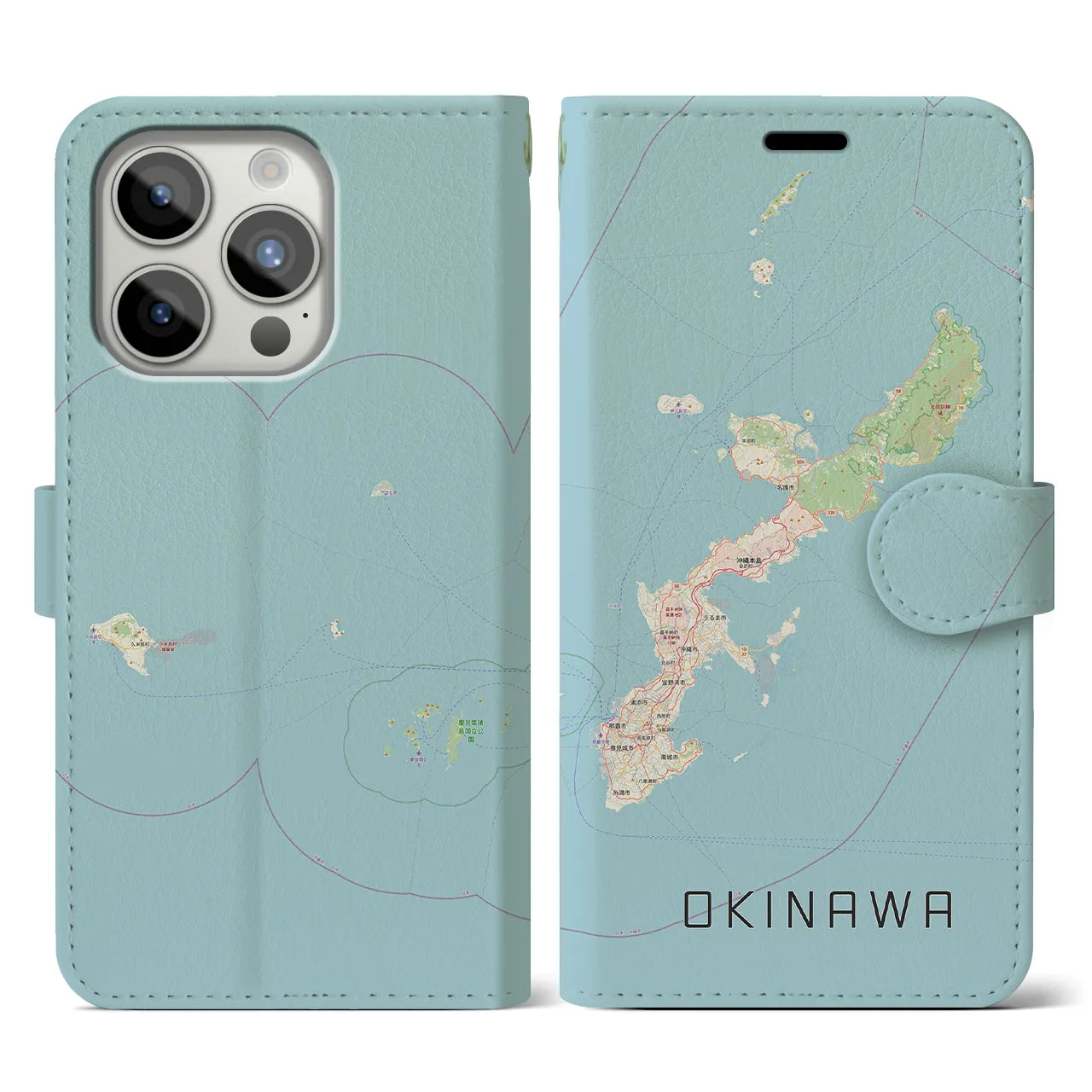 【沖縄2】地図柄iPhoneケース（手帳両面タイプ・ナチュラル）iPhone 15 Pro 用