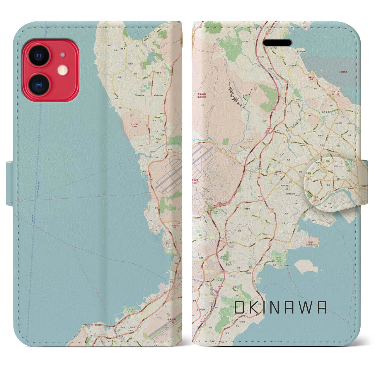 【沖縄】地図柄iPhoneケース（手帳両面タイプ・ナチュラル）iPhone 11 用