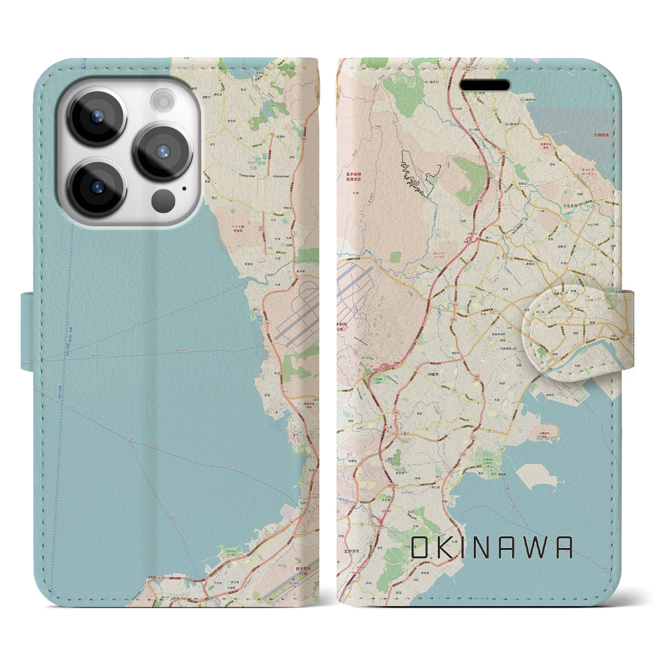 【沖縄】地図柄iPhoneケース（手帳両面タイプ・ナチュラル）iPhone 14 Pro 用