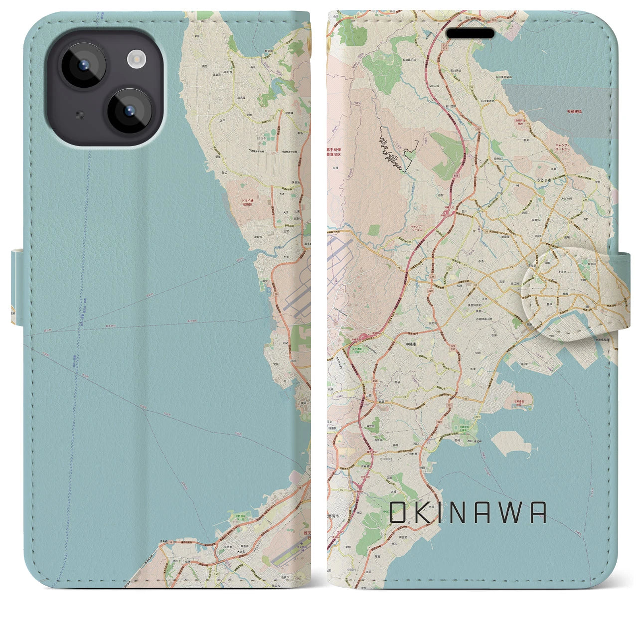 【沖縄】地図柄iPhoneケース（手帳両面タイプ・ナチュラル）iPhone 14 Plus 用