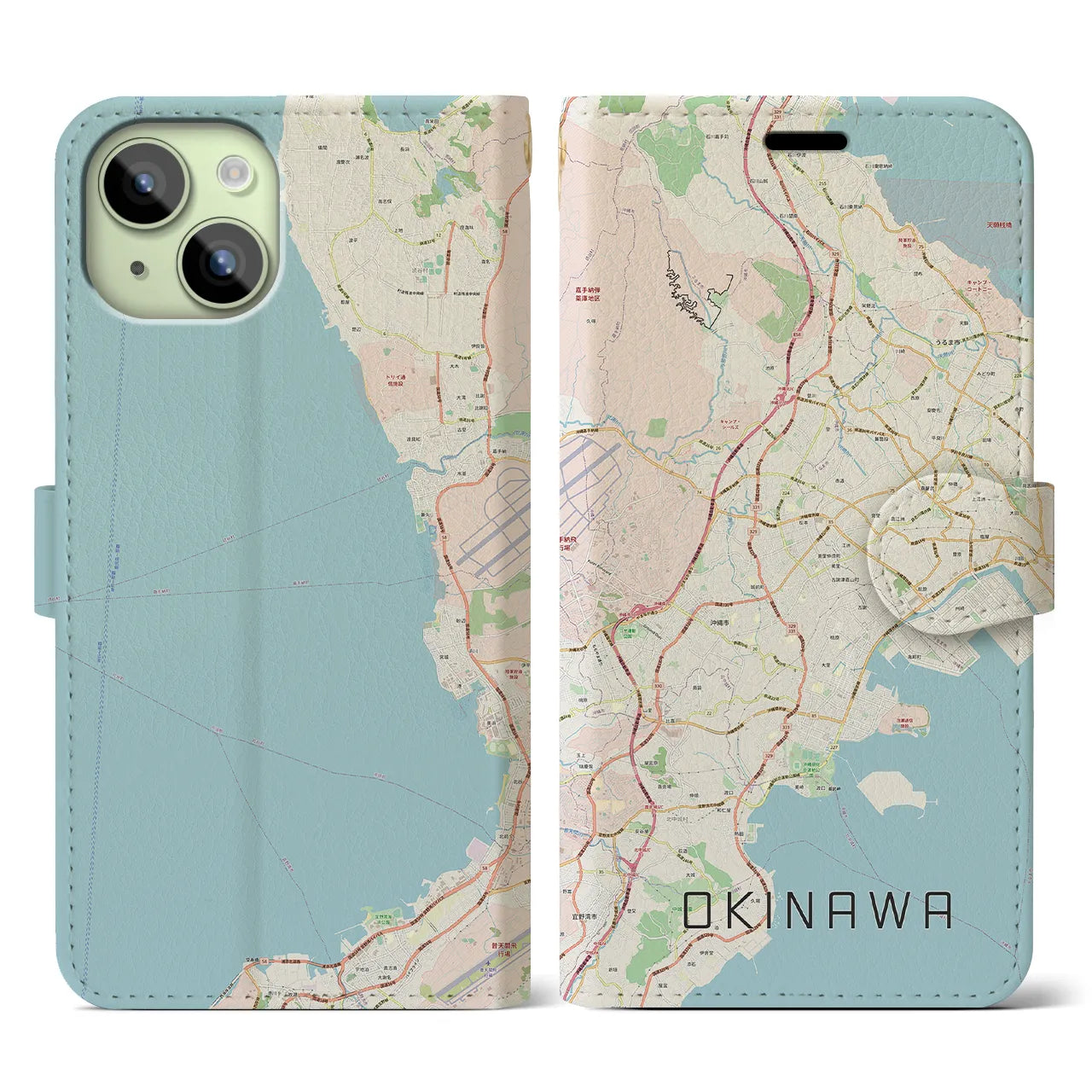 【沖縄】地図柄iPhoneケース（手帳両面タイプ・ナチュラル）iPhone 15 用