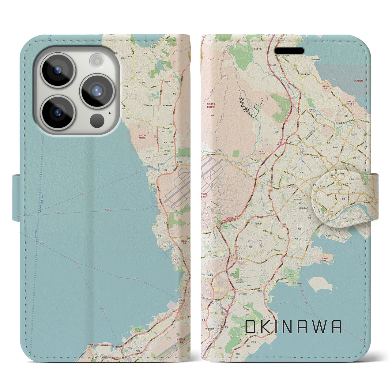 【沖縄】地図柄iPhoneケース（手帳両面タイプ・ナチュラル）iPhone 15 Pro 用