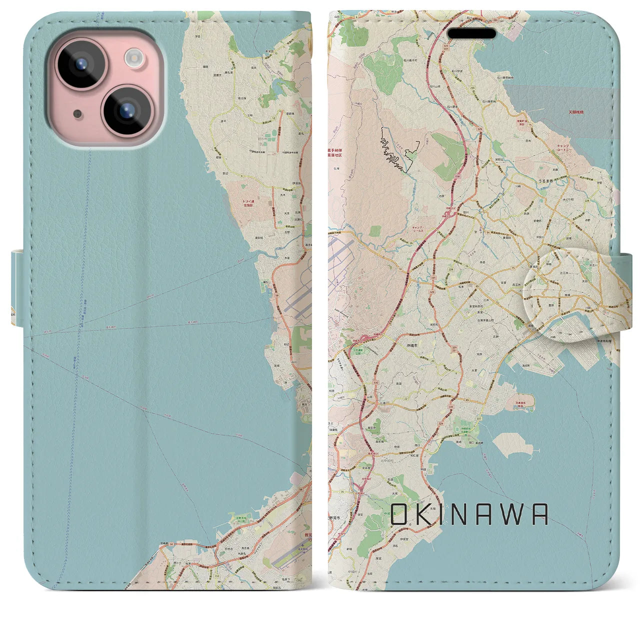 【沖縄】地図柄iPhoneケース（手帳両面タイプ・ナチュラル）iPhone 15 Plus 用