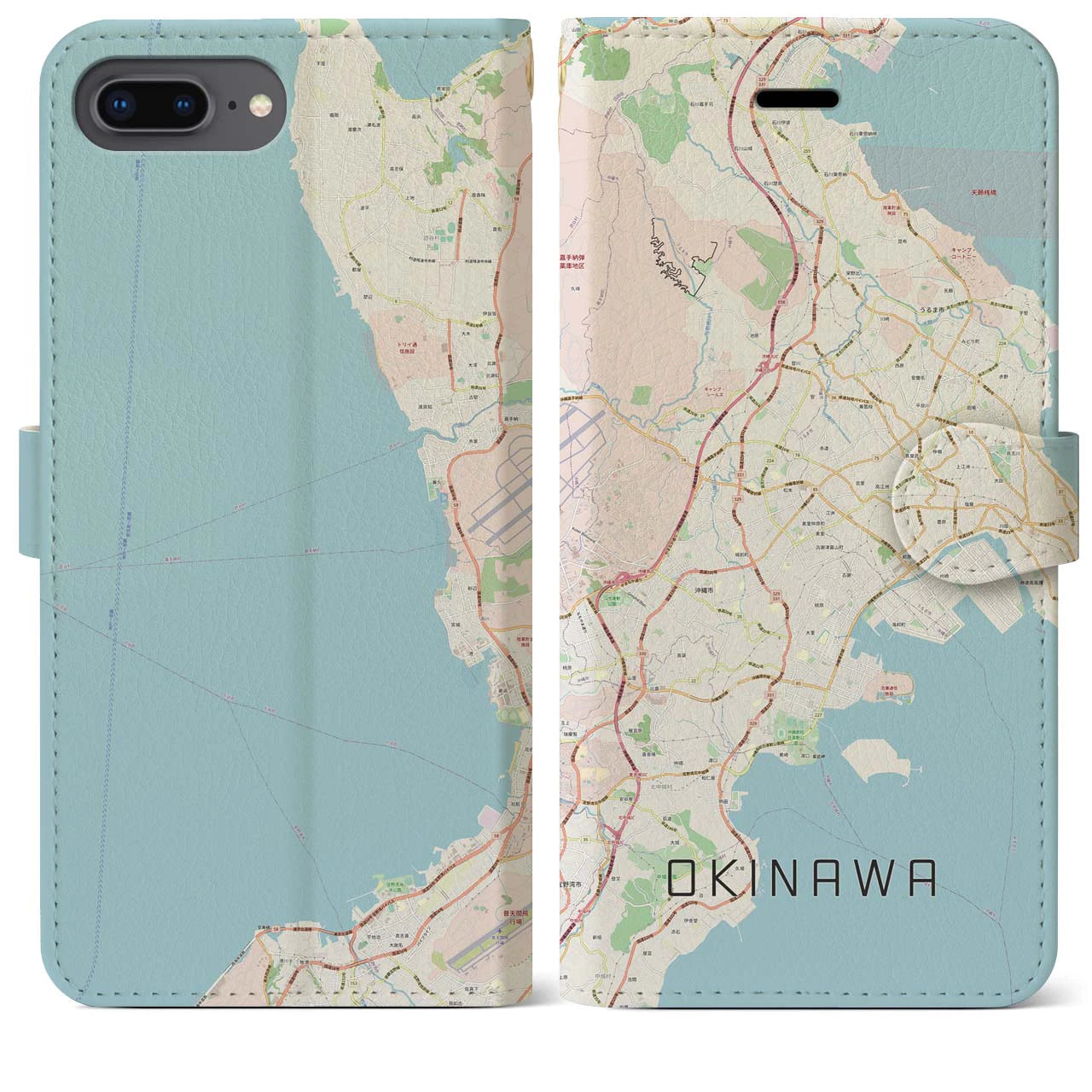 【沖縄】地図柄iPhoneケース（手帳両面タイプ・ナチュラル）iPhone 8Plus /7Plus / 6sPlus / 6Plus 用