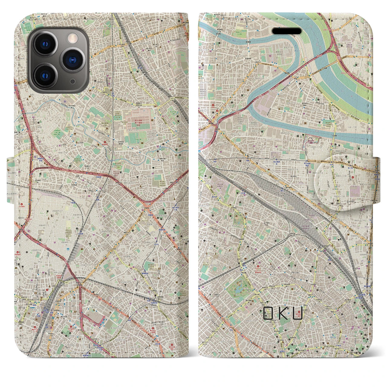 【尾久】地図柄iPhoneケース（手帳両面タイプ・ナチュラル）iPhone 11 Pro Max 用