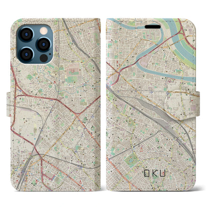 【尾久（東京都）】地図柄iPhoneケース（手帳タイプ）ナチュラル・iPhone 12 / 12 Pro 用