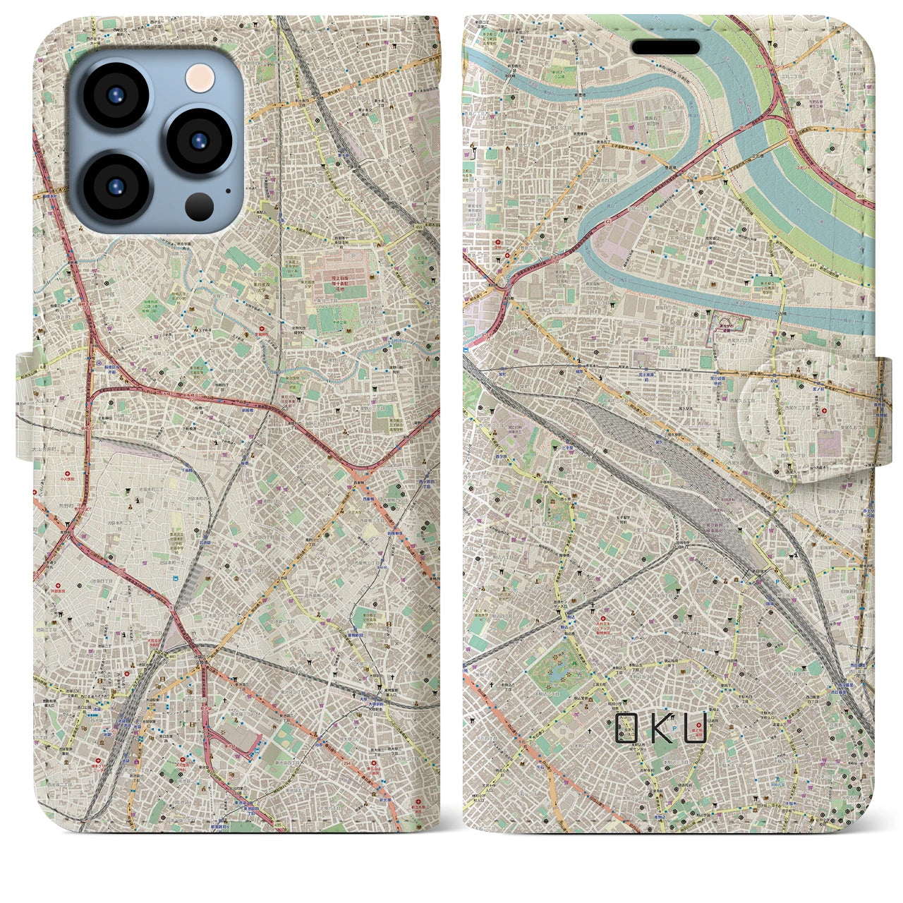 【尾久】地図柄iPhoneケース（手帳両面タイプ・ナチュラル）iPhone 13 Pro Max 用