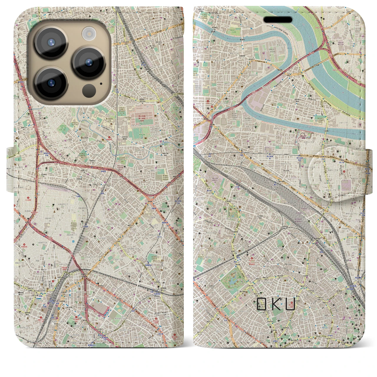 【尾久】地図柄iPhoneケース（手帳両面タイプ・ナチュラル）iPhone 14 Pro Max 用