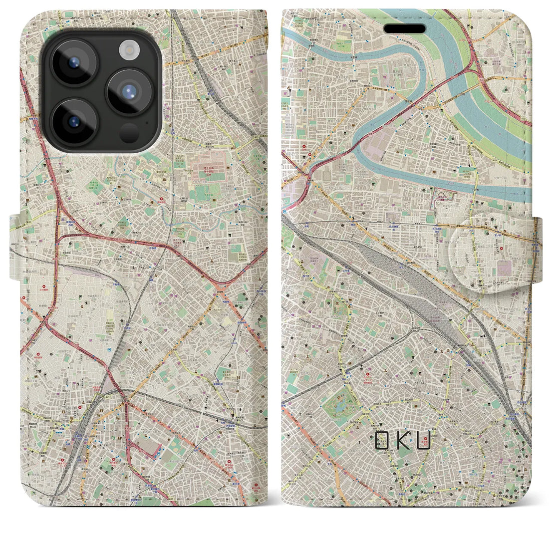 【尾久】地図柄iPhoneケース（手帳両面タイプ・ナチュラル）iPhone 15 Pro Max 用
