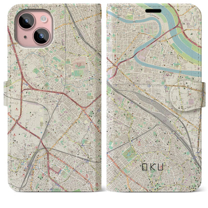 【尾久（東京都）】地図柄iPhoneケース（手帳タイプ）ナチュラル・iPhone 15 Plus 用