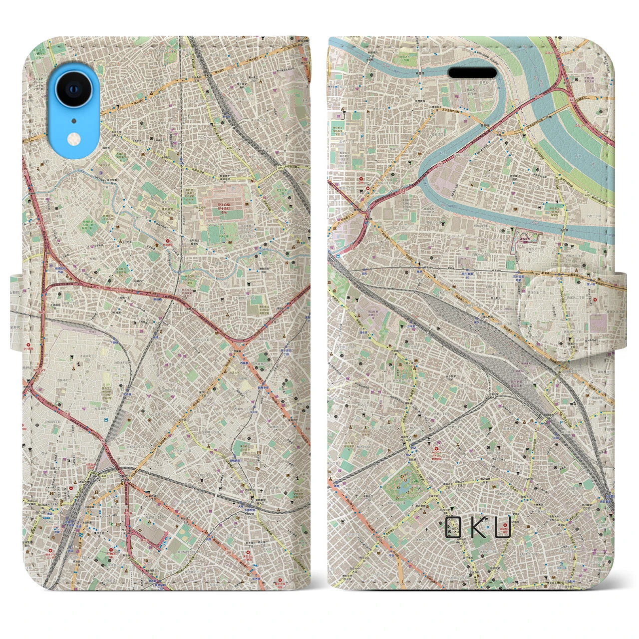 【尾久】地図柄iPhoneケース（手帳両面タイプ・ナチュラル）iPhone XR 用
