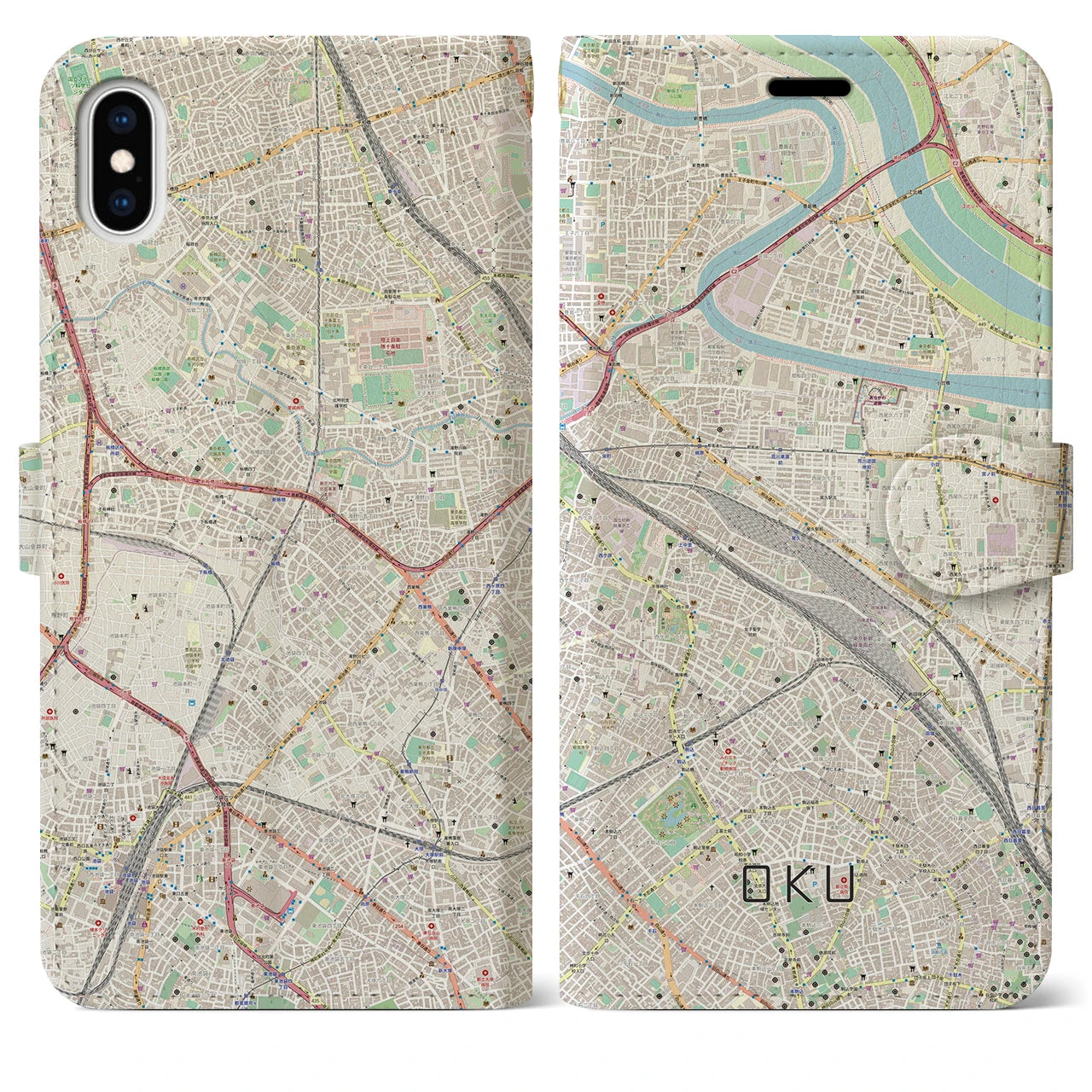 【尾久】地図柄iPhoneケース（手帳両面タイプ・ナチュラル）iPhone XS Max 用