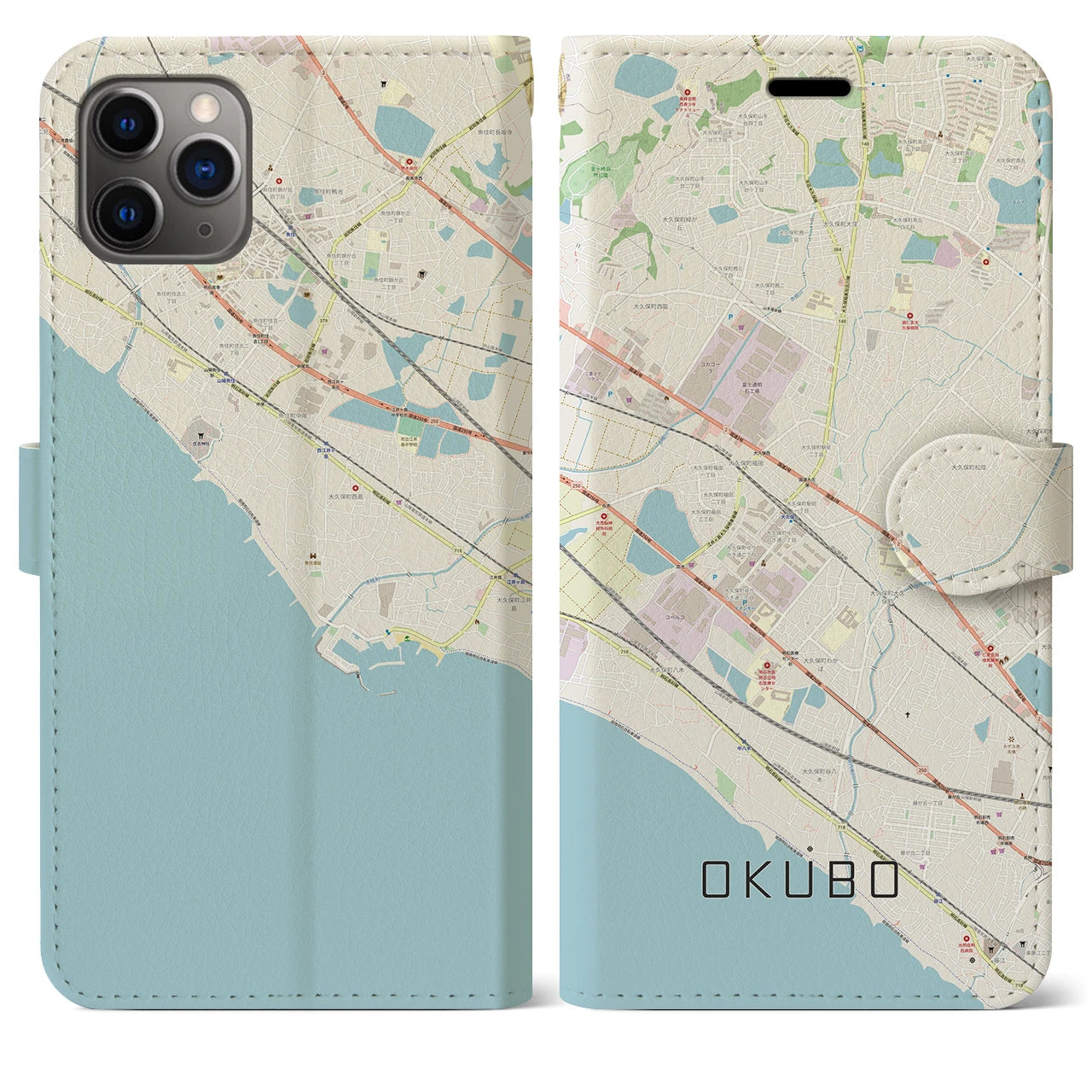 【大久保（兵庫県）】地図柄iPhoneケース（手帳両面タイプ・ナチュラル）iPhone 11 Pro Max 用