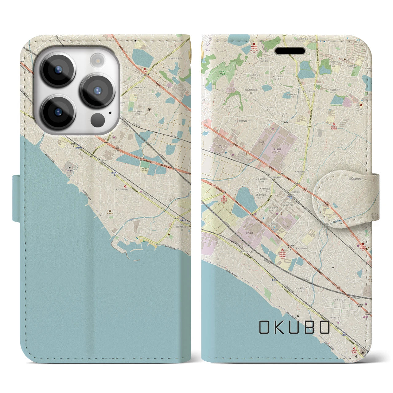 【大久保（兵庫県）】地図柄iPhoneケース（手帳両面タイプ・ナチュラル）iPhone 14 Pro 用
