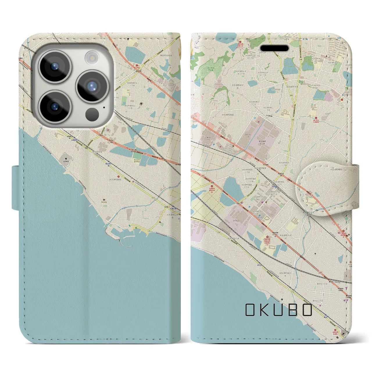【大久保（兵庫県）】地図柄iPhoneケース（手帳両面タイプ・ナチュラル）iPhone 15 Pro 用