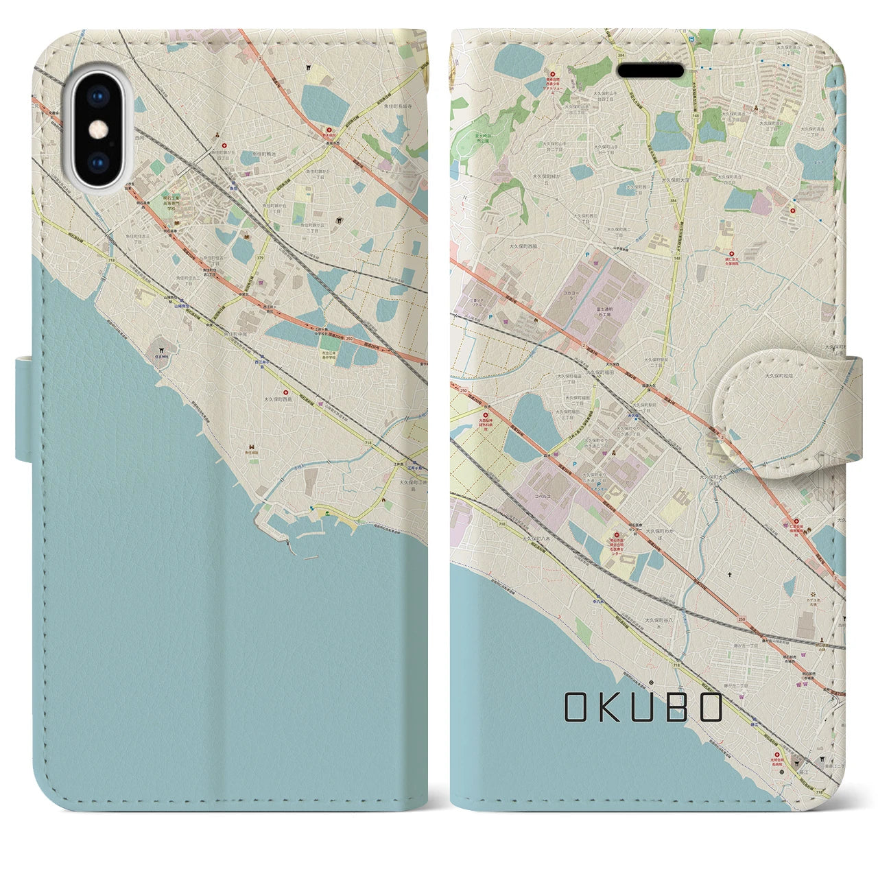 【大久保（兵庫県）】地図柄iPhoneケース（手帳両面タイプ・ナチュラル）iPhone XS Max 用