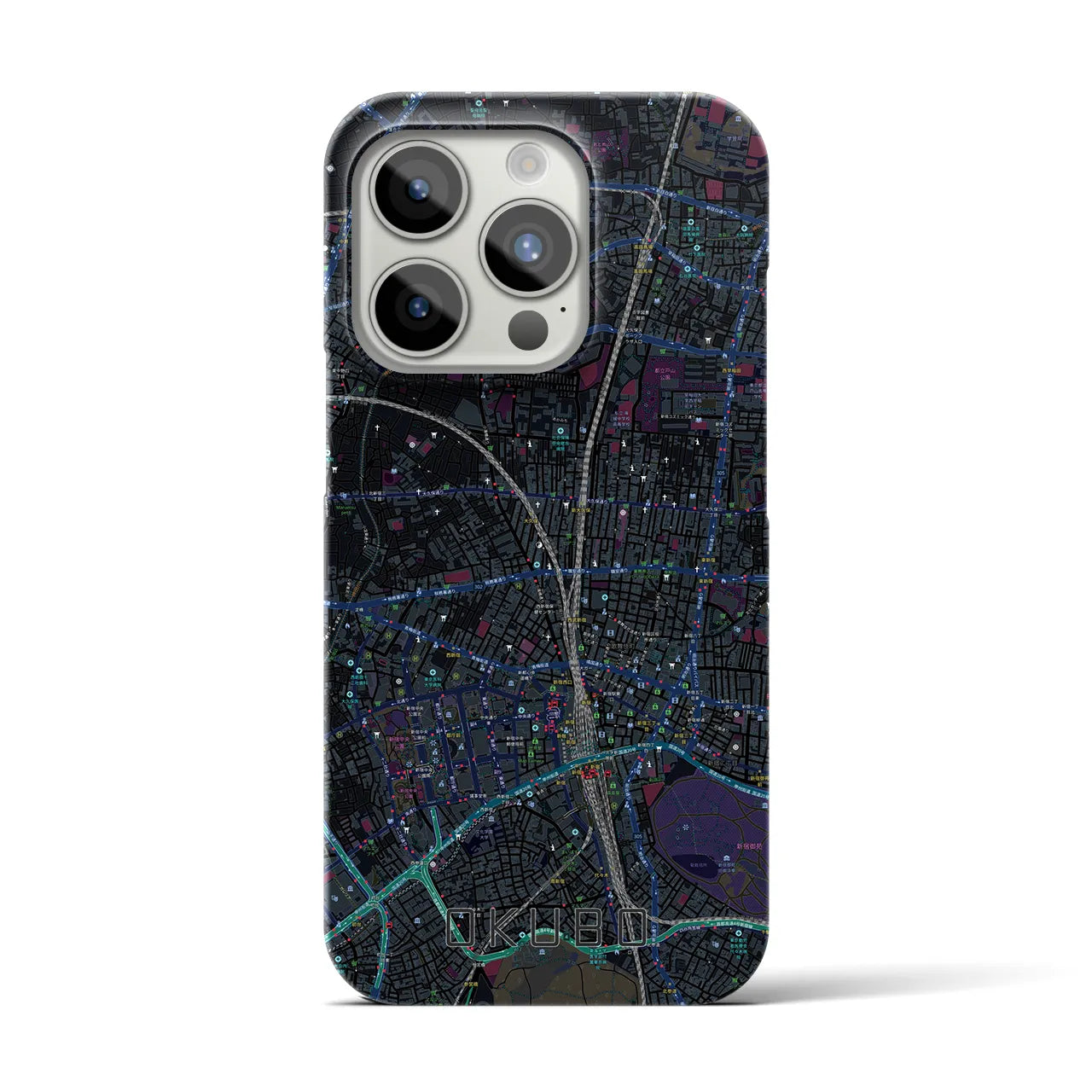【大久保】地図柄iPhoneケース（バックカバータイプ・ブラック）iPhone 15 Pro 用