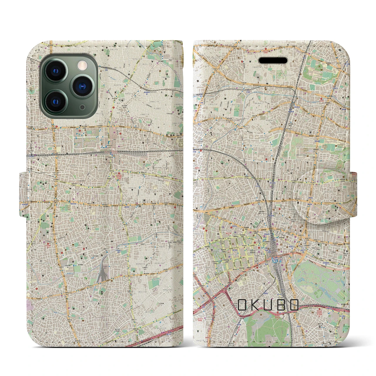 【大久保】地図柄iPhoneケース（手帳両面タイプ・ナチュラル）iPhone 11 Pro 用
