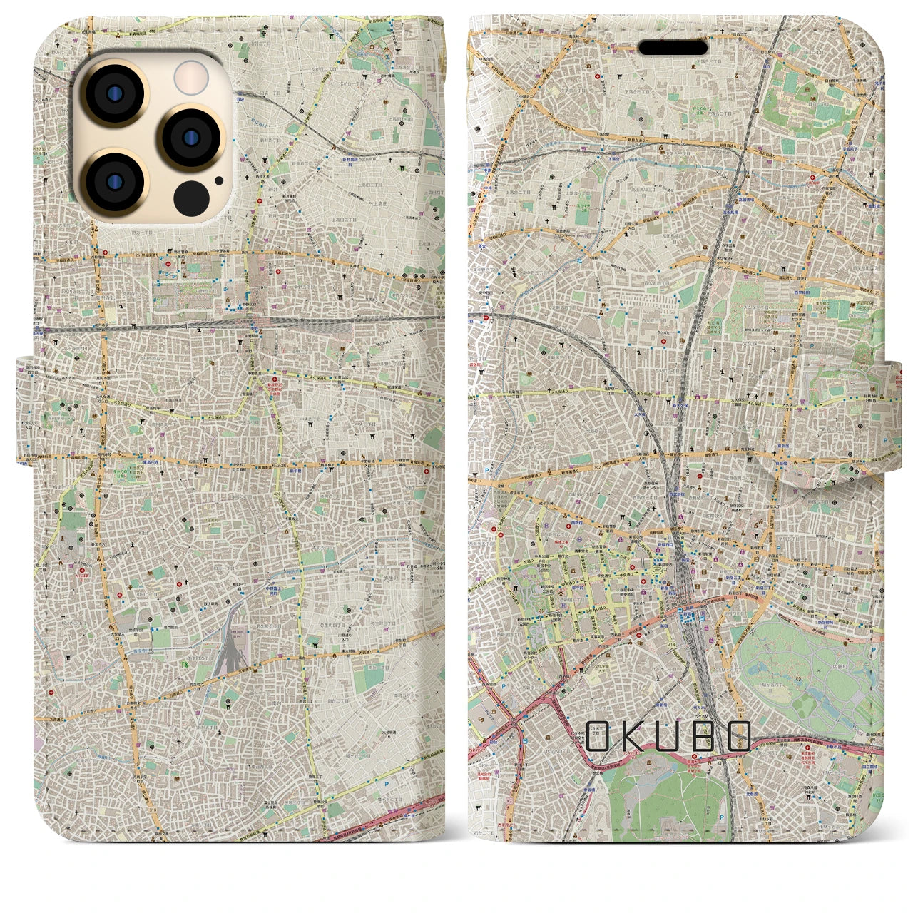 【大久保（東京都）】地図柄iPhoneケース（手帳タイプ）ナチュラル・iPhone 12 Pro Max 用