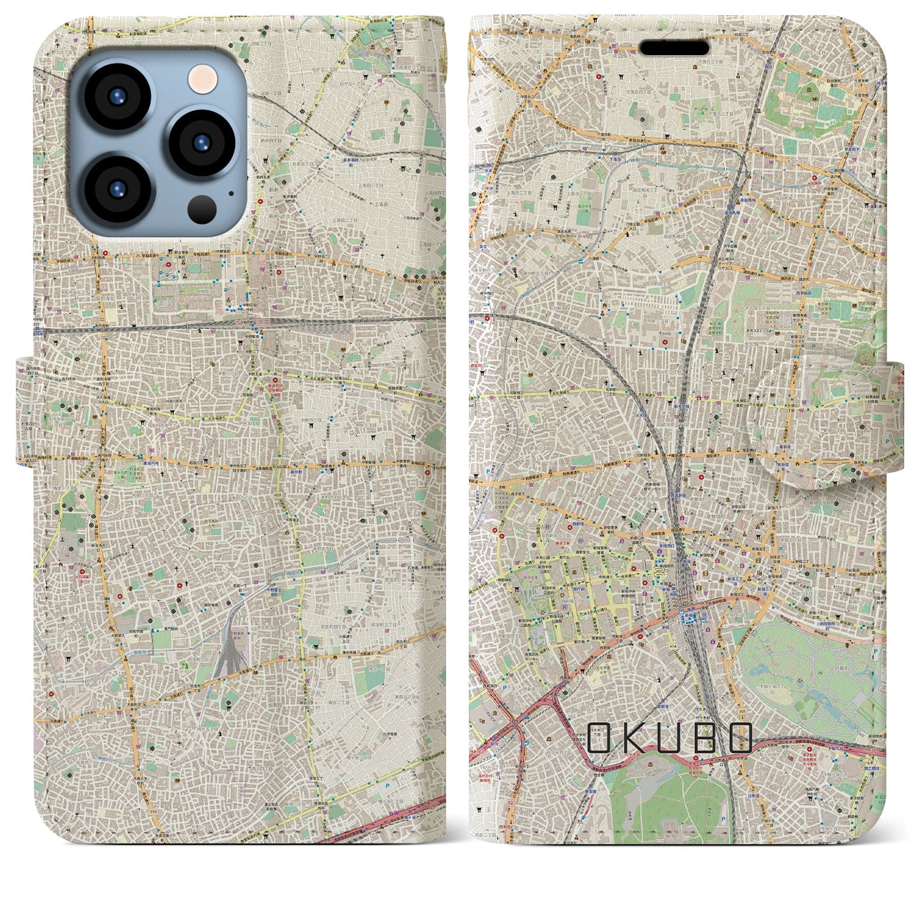 【大久保】地図柄iPhoneケース（手帳両面タイプ・ナチュラル）iPhone 13 Pro Max 用
