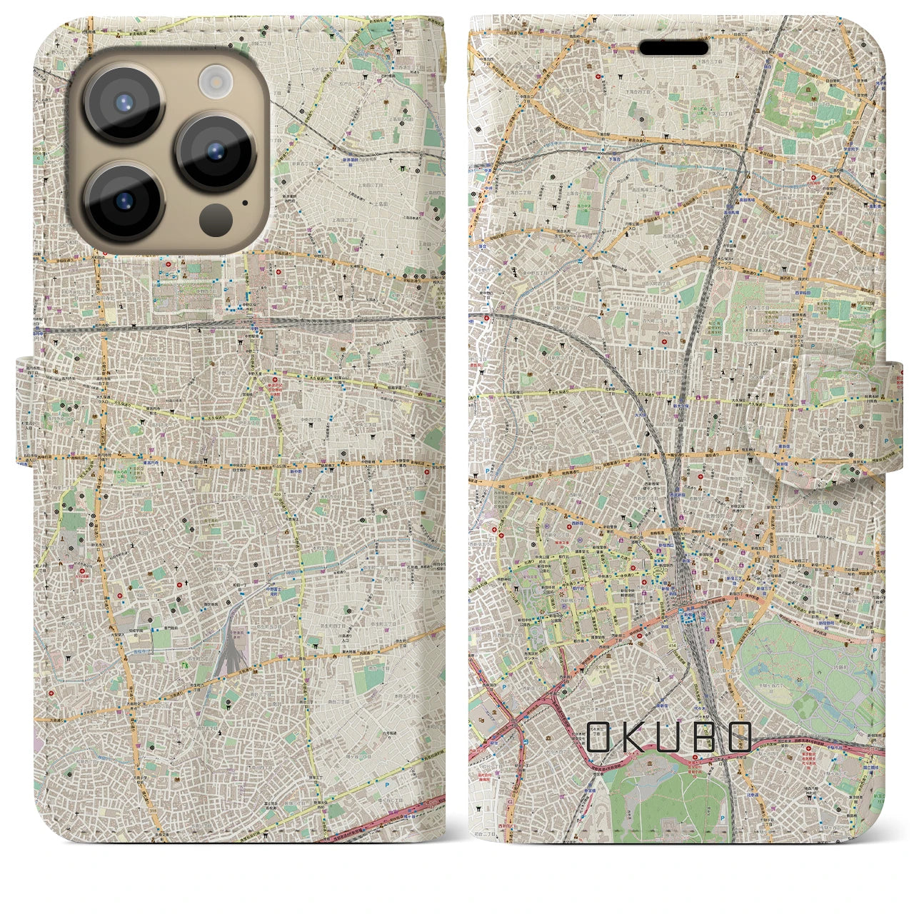 【大久保】地図柄iPhoneケース（手帳両面タイプ・ナチュラル）iPhone 14 Pro Max 用