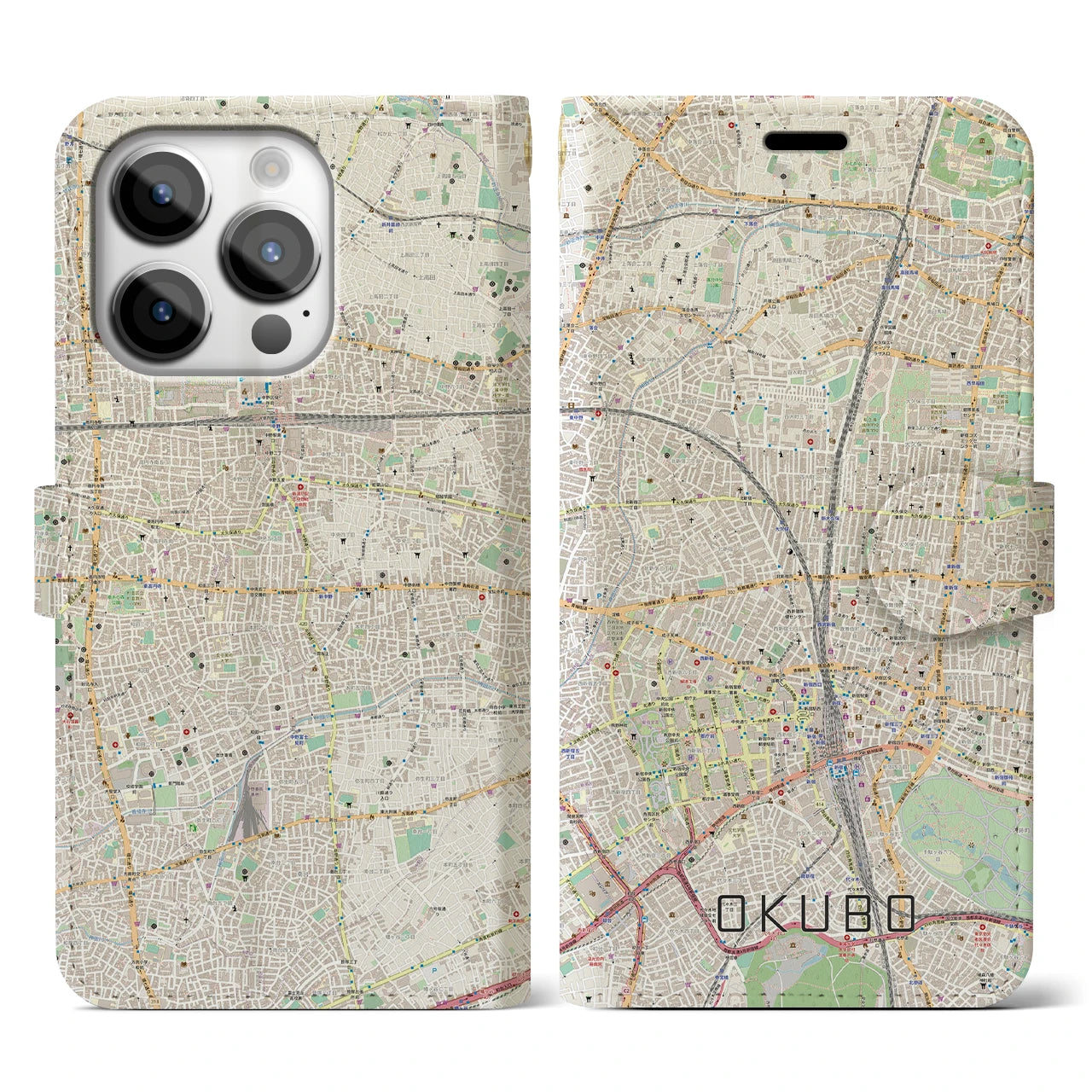 【大久保】地図柄iPhoneケース（手帳両面タイプ・ナチュラル）iPhone 14 Pro 用