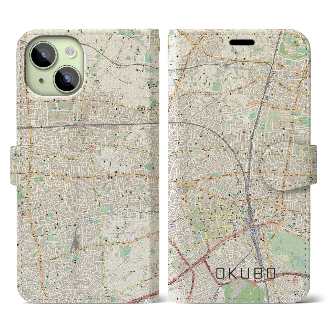 【大久保】地図柄iPhoneケース（手帳両面タイプ・ナチュラル）iPhone 15 用