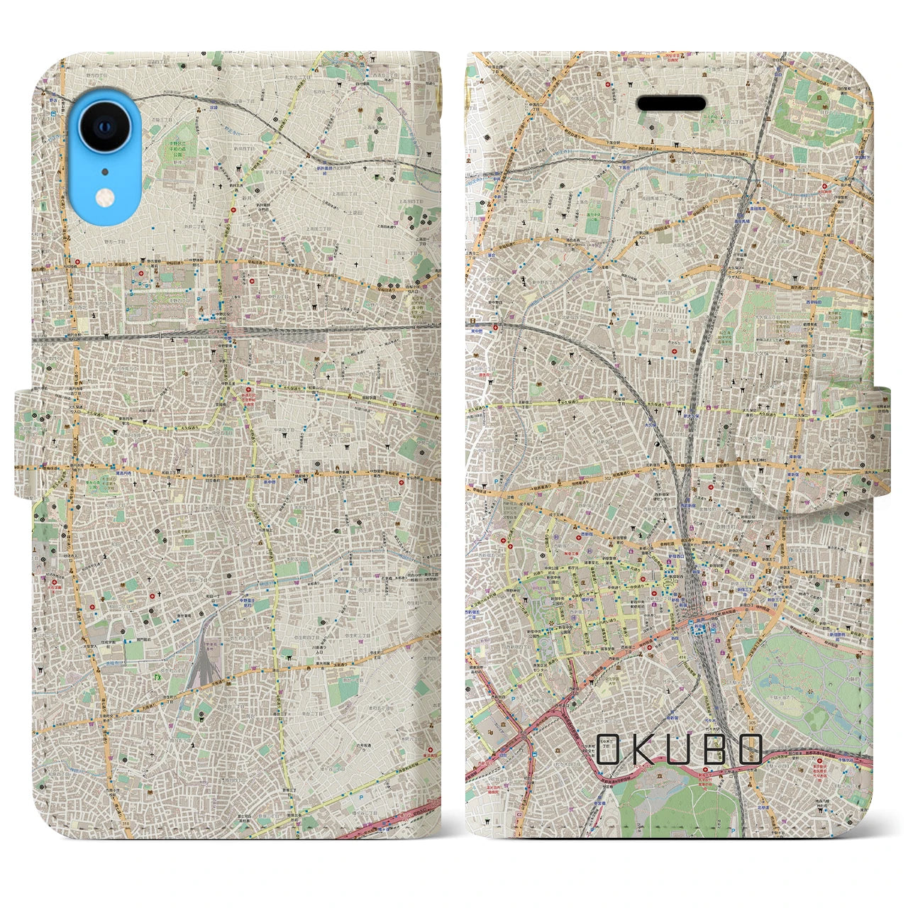 【大久保】地図柄iPhoneケース（手帳両面タイプ・ナチュラル）iPhone XR 用