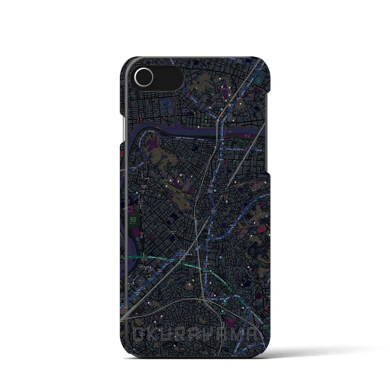 【大倉山】地図柄iPhoneケース（バックカバータイプ・ブラック）iPhone SE（第3 / 第2世代） / 8 / 7 / 6s / 6 用